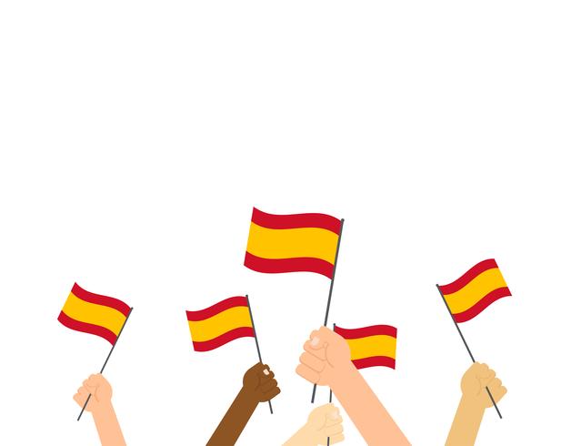 Manos de ilustración vectorial sosteniendo banderas de España aisladas sobre fondo blanco vector