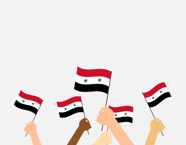 Vector illustration hands holding Syria flags on gray background 