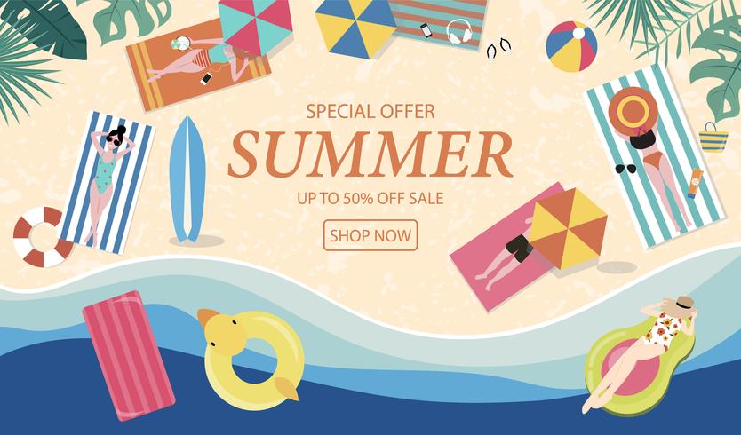 Summer sale background with tiny people,umbrellas, ball,swim ring,sunglasses,surfboard,hat,sandals in the top view beach.Vector summer banner vector