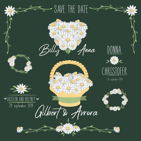 Daisy wedding invitation. Save the date. Basket with flowers. Heart vector