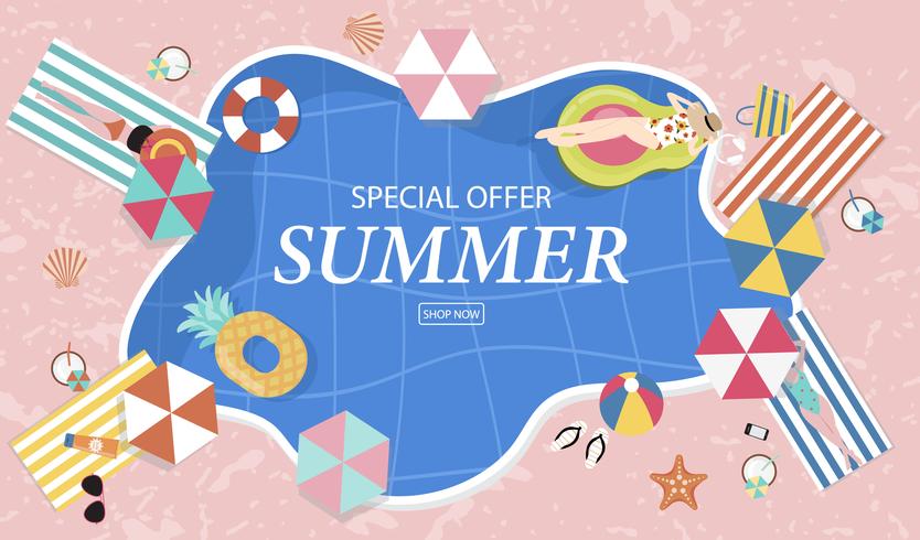 Summer sale background with tiny people,umbrellas, ball,swim ring,sunglasses,starfish,hat,sandals in the top view pool.Vector summer banner vector