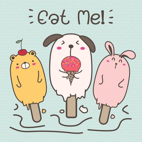 Cute Animal Ice Cream. Hand Drawn Vector Illustration.