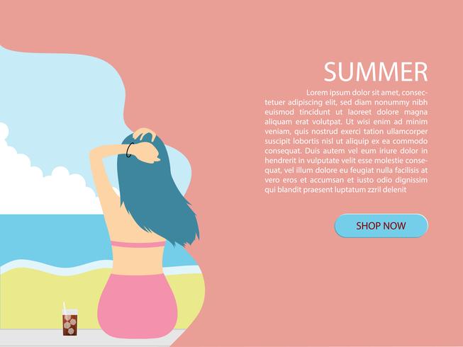 Summer background with back view of bikini young girl at beach and sea paper cut style. vector