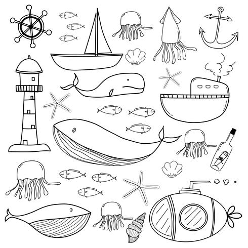 Hand Drawn Sea Doodles Set. Vector Illustration.