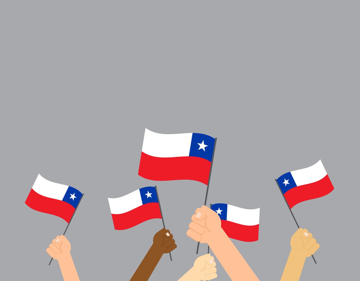 Vector illustration hands holding Chile flags isolated on gray