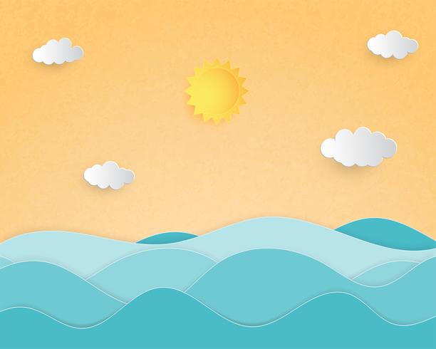 Creative illustration summer background concept paper cut style with landscape of sea wave. vector