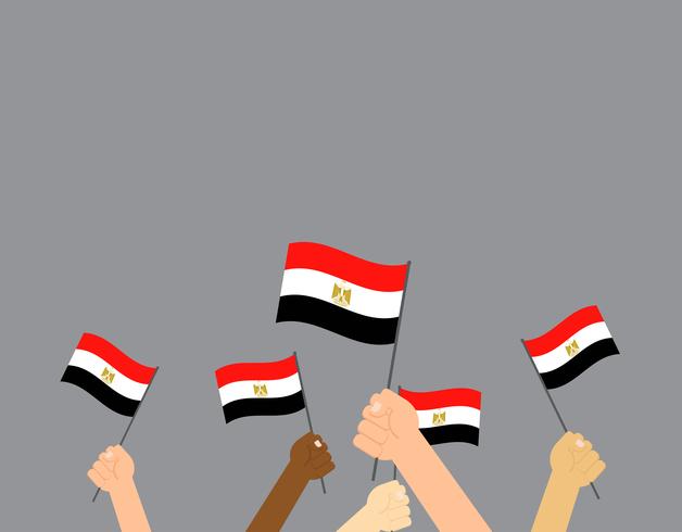 Vector illustration hands holding Egypt flags on grey background 