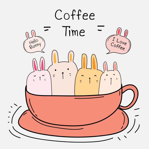 Cute Bunny In The Cup. Coffee Time Vector Illustration.