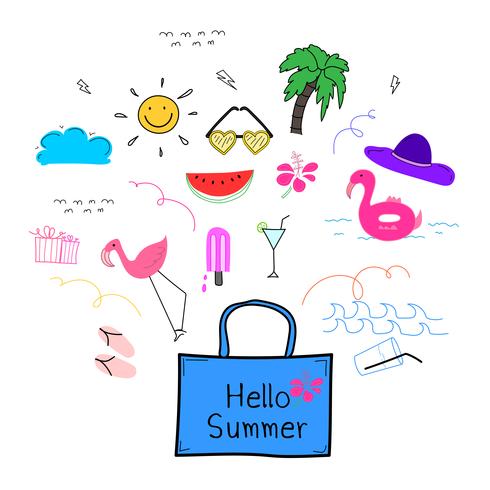 Hand Drawn Doodle Summer Vector Set. Doodle Funny Set. Handmade Vector Illustration.