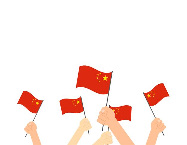 Ilustración vectorial de manos sosteniendo banderas de China - tarjeta de felicitación del feliz día nacional de China vector