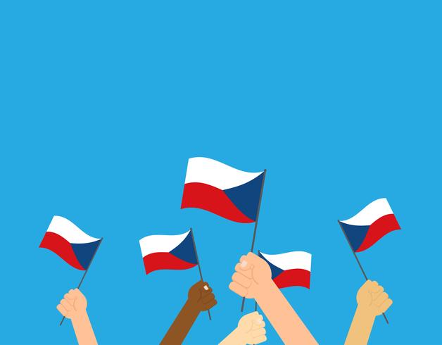 Manos de ilustración vectorial sosteniendo banderas de República Checa sobre fondo azul vector