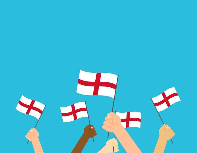 Vector illustration hands holding England flags on blue background 