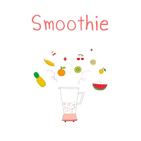 Hand drawn smoothies set includes pineapple, strawberry, banana, kiwi, tangerine, lemon and cherry. Blender with fruits. Vector illustration.
