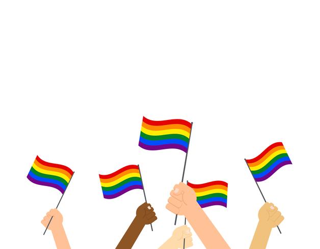 Manos de ilustración vectorial sosteniendo la bandera del orgullo LGBT - bandera del día del orgullo feliz vector