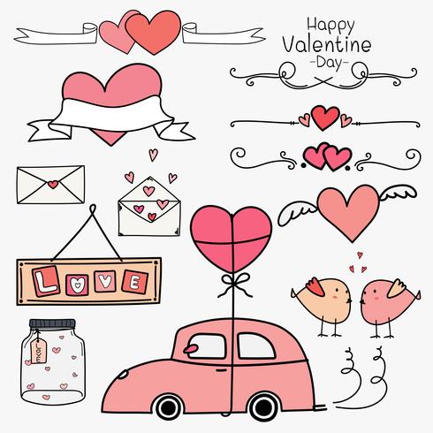 Feliz día de San Valentín. Conjunto de Doodle Valentine Day adornos y elementos decorativos concepto rosa. Coche y corazón del globo, bandera, cinta, etiquetas, insignia, etiquetas engomadas. Ilustración vectorial hecha a mano vector