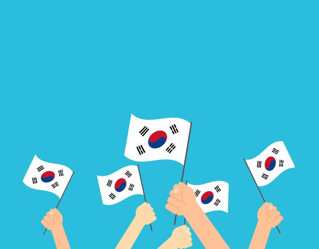 Manos de ilustración vectorial sosteniendo banderas de Corea del sur - tarjeta de felicitación del día de la independencia de Corea del sur vector