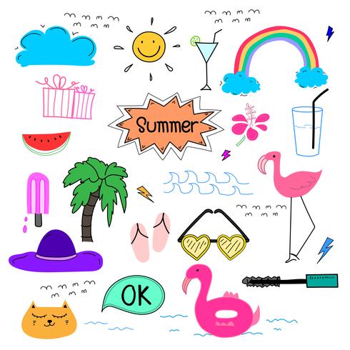 Hand Drawn Doodle Summer Vector Set. Doodle Funny Set. Handmade Vector Illustration.