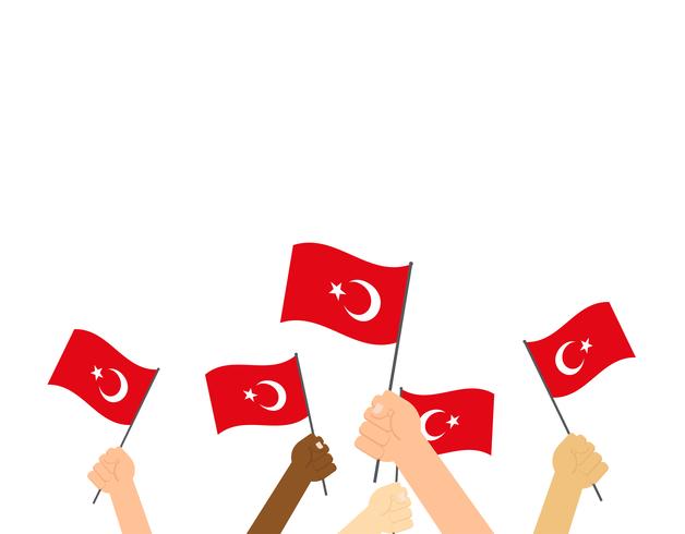 Vector illustration hands holding Turkey flags on white background 