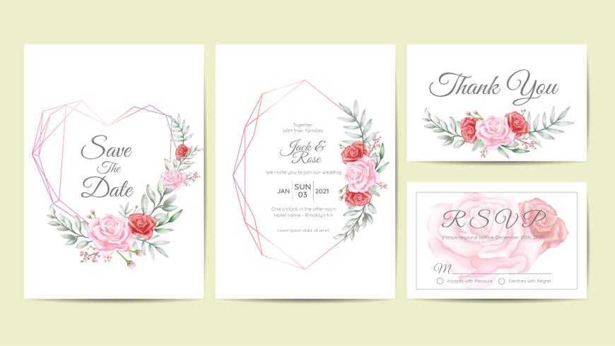 Conjunto de plantillas de tarjetas de invitación de boda floral marco acuarela. Dibujo a mano de flores y ramas Ahorre la fecha, saludo, tarjetas de agradecimiento y RSVP de usos múltiples vector