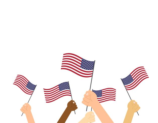 Human hands holding flags USA on white background vector