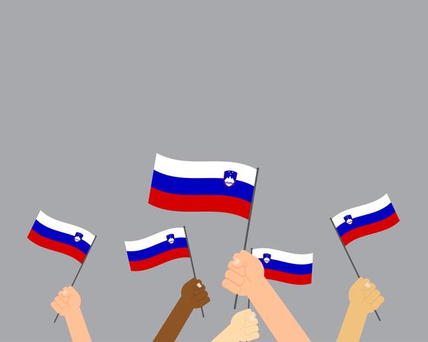 Vector illustration of hands holding Slovenia flags isolated on gray background 