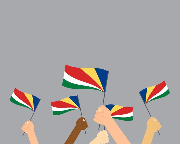 Vector illustration of hands holding Seychelles flags isolated on gray background 