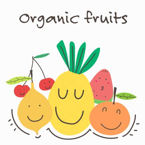 Kawaii Organic Fruits And Vegetables. Vector Illustration.