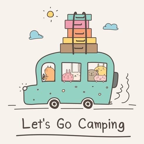 Let&#39;s Go Camping Concept. Animal lindo dibujado mano en Van Vector Illustration.