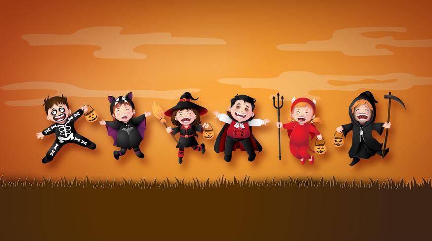 Niños en disfraces de halloween. vector