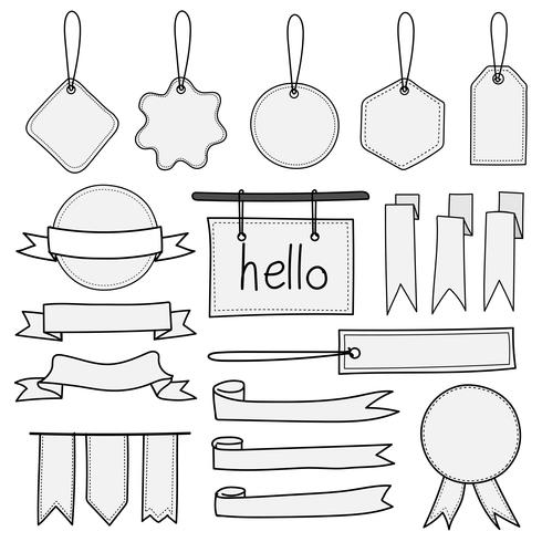 Set Of Hand Drawn Banners Labels Tags And Ribbons. Hand Drawn Doodle Isolated Elements On White Background. vector