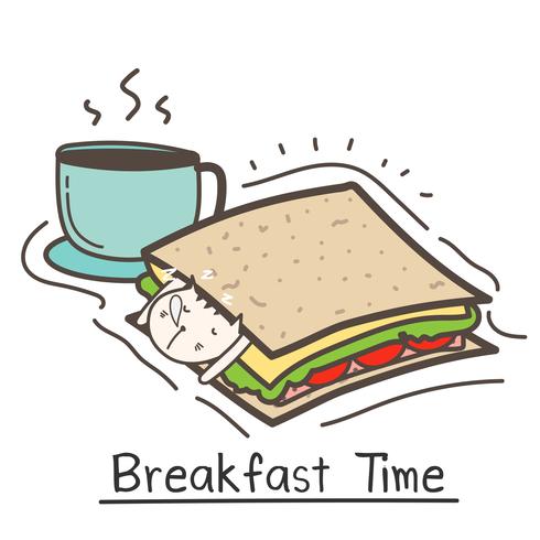 Breakfast Time With Cute Cat Sandwich And Coffee. Vector Illustration.