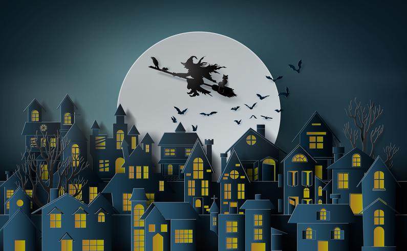 Paper art of happy halloween vector