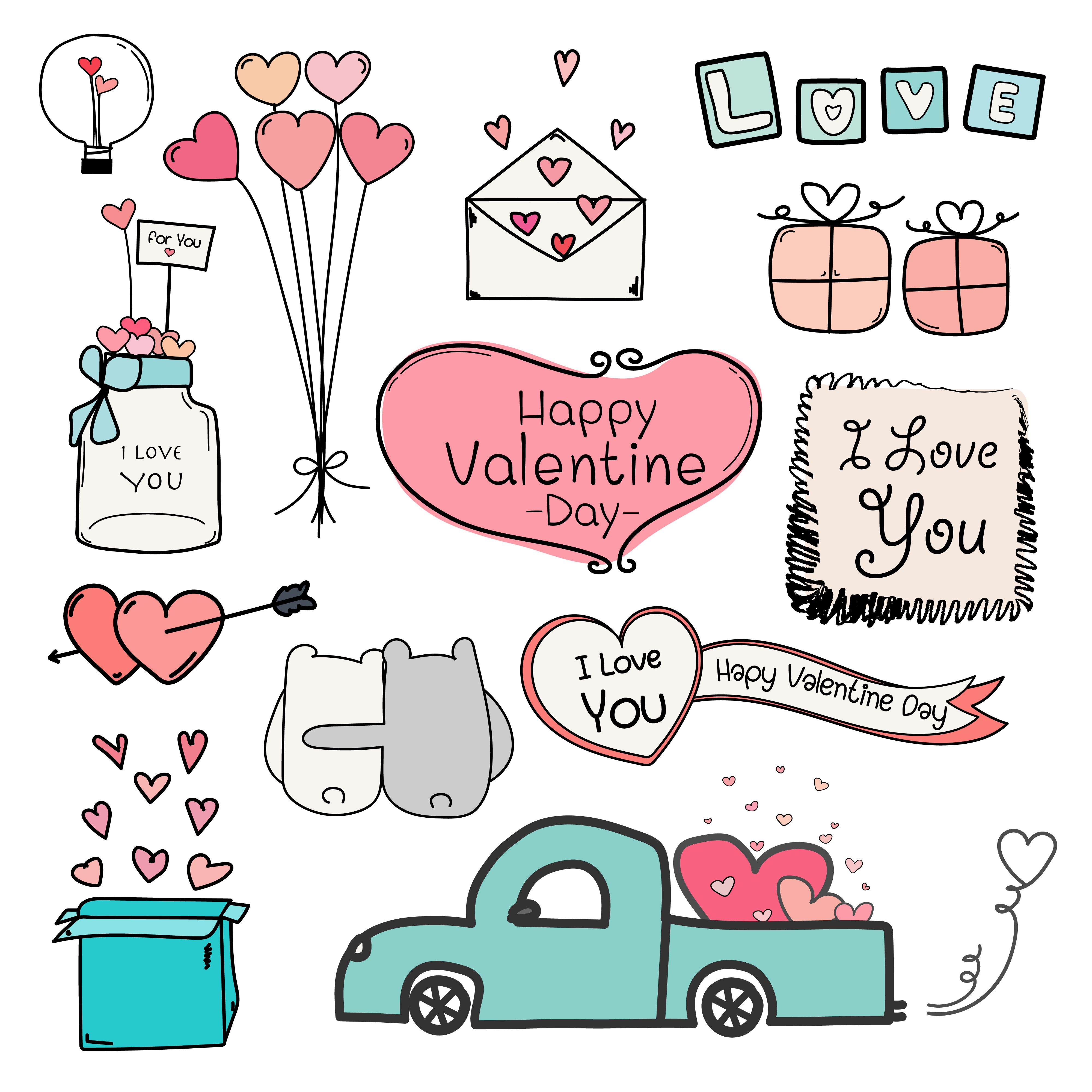 Happy Valentine Day. Set Of Doodle Valentine Day Labels And Typography