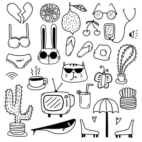 Hand Drawn Doodle Lovely Vector Set. Doodle Funny Set. Handmade Vector Illustration.