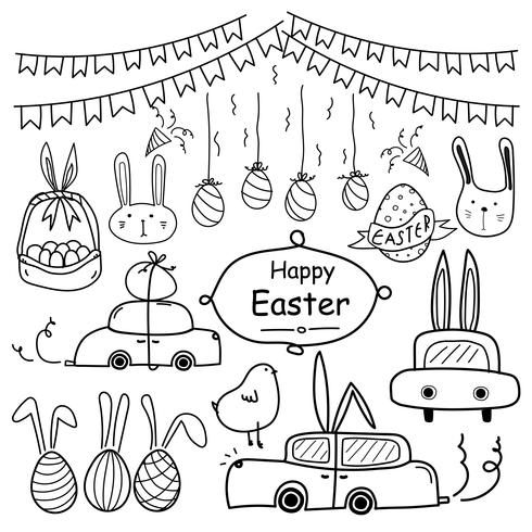 Feliz Pascua. Línea mano dibujada Doodle feliz Pascua conjunto. Coche De Pascua, Huevo De Pascua Y Canasta De Pascua. Ilustración vectorial hecha a mano vector