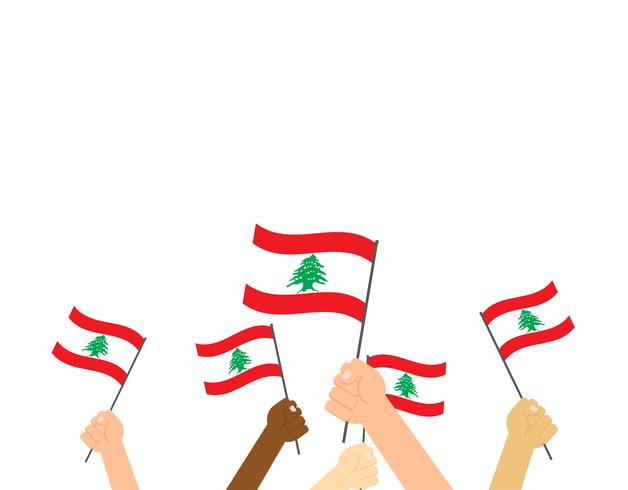 Vector illustration hands holding Lebanon flags on white background 