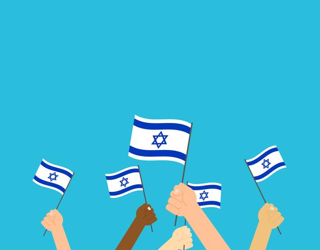 Manos de ilustración vectorial sosteniendo banderas israelíes sobre fondo azul vector