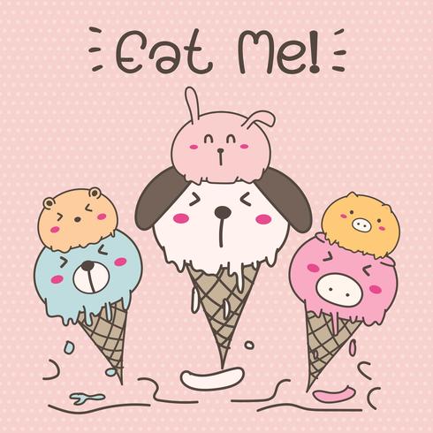 Cute Animal Ice Cream. Hand Drawn Vector Illustration.