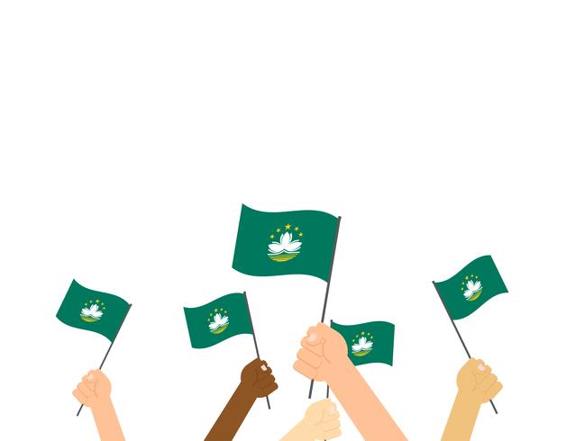 Vector illustration hands holding Macau flags isolated on background 