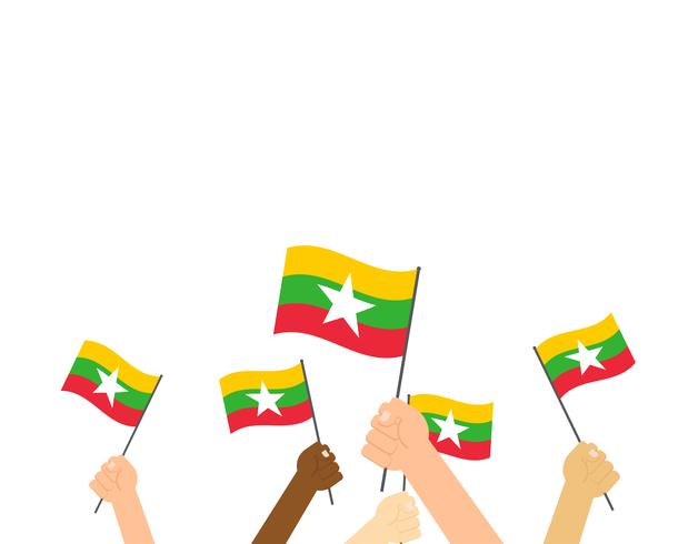 Vector illustration hands holding Myanmar flags on white background