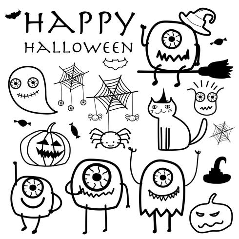 Hand Drawn Monsters Halloween Vector Illustration.