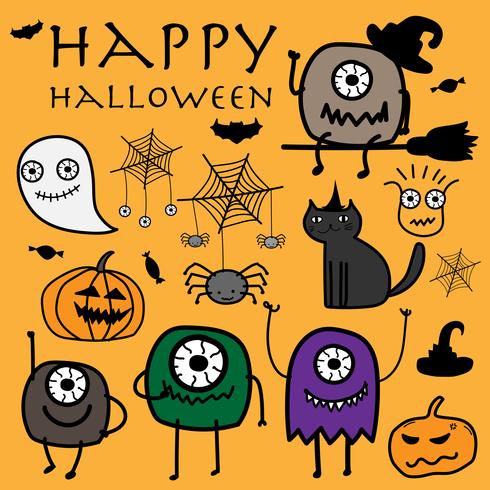 Hand Drawn Monsters Halloween Vector Illustration.