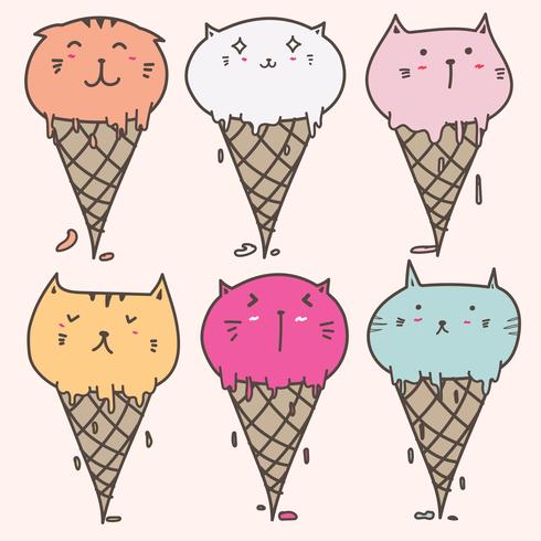 Cute Cat Ice Cream Set. Hand Drawn Vector Illustration.