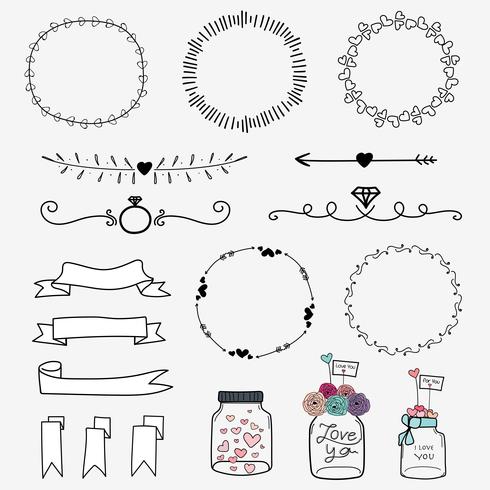 Conjunto de invitación de boda dibujado a mano elementos de diseño tipográfico vintage tarros de masón, cintas, coronas y corazón. vector