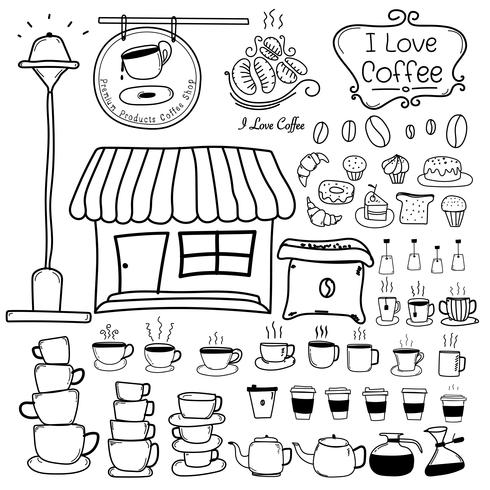 Line Hand Drawn Doodle Vector Set Of Coffee Shop. Vector Illustration.