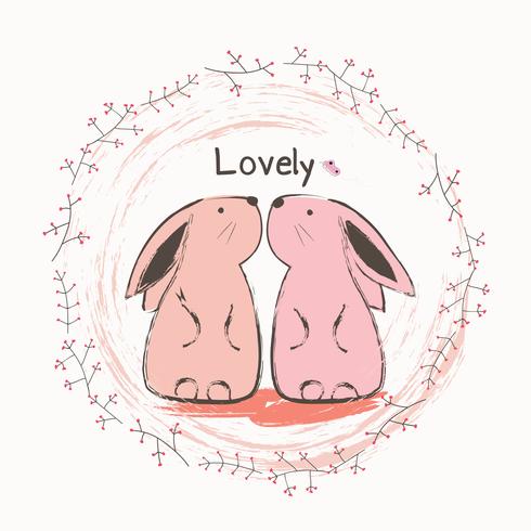 Cute bunny and butterfly. Cartoon hand drawn vector illustration