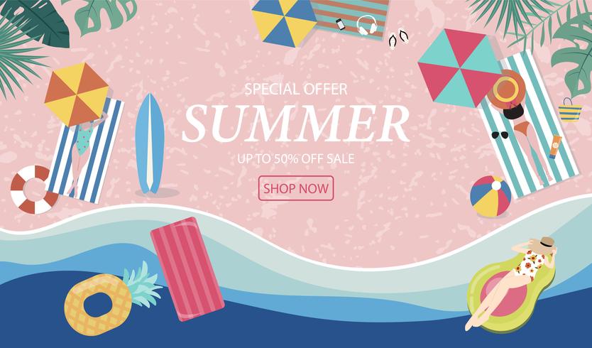 Summer sale background with tiny people,umbrellas, ball,swim ring,sunglasses,surfboard,hat,sandals in the top view beach.Vector summer banner vector