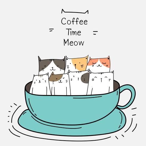 Gatos lindos en la taza. Ilustración de vector de tiempo de café.