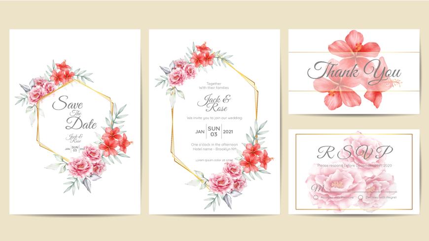 Acuarela floral de la boda invitación plantilla marco de oro. Las rosas de dibujo a mano y la flor de hibisco con ramas ahorran la fecha, el saludo, las tarjetas de agradecimiento y RSVP de usos múltiples vector