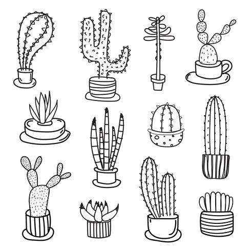 Hand Drawn Doodle Cactus Vector Set. Handmade Vector Illustration.